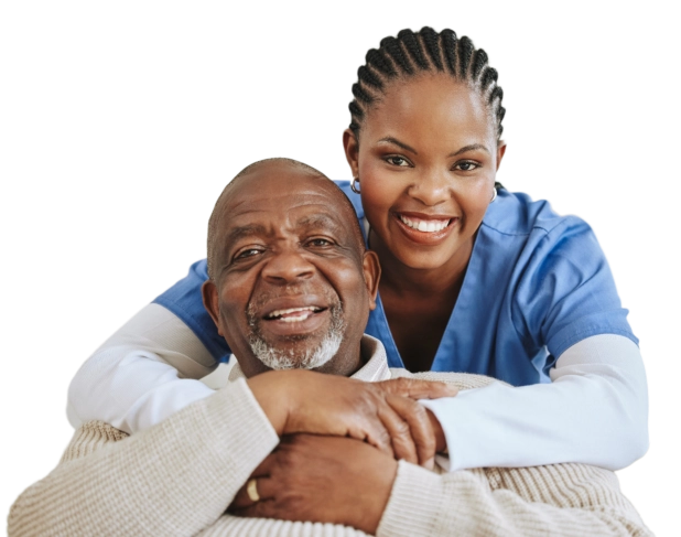 Smiling caregiver embracing senior man