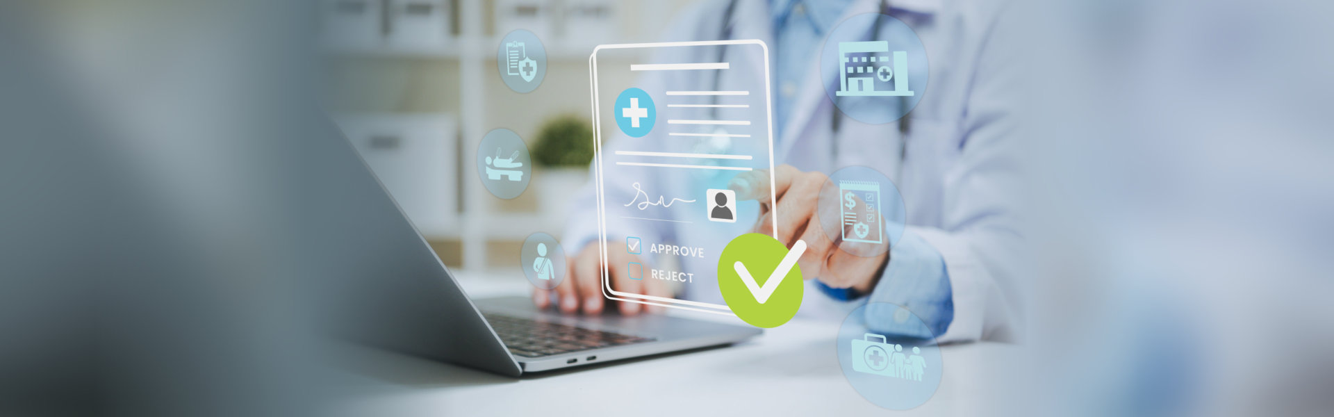 Healthcare professional using a laptop with a digital medical document marked Approve and a green checkmark